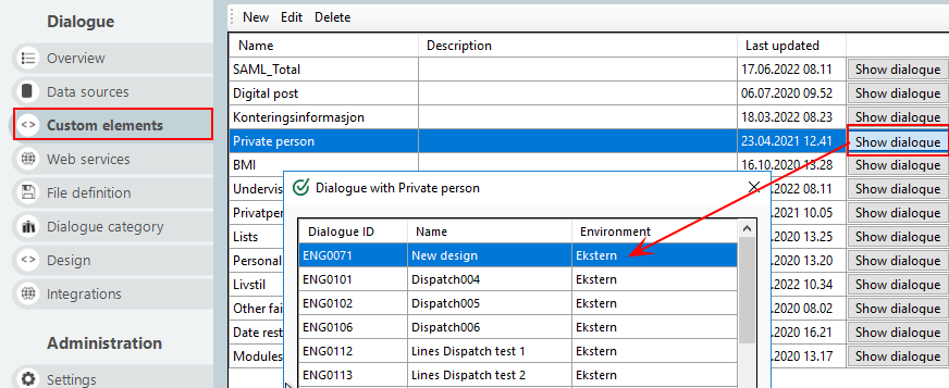 You can see which dialogues the custom element is used