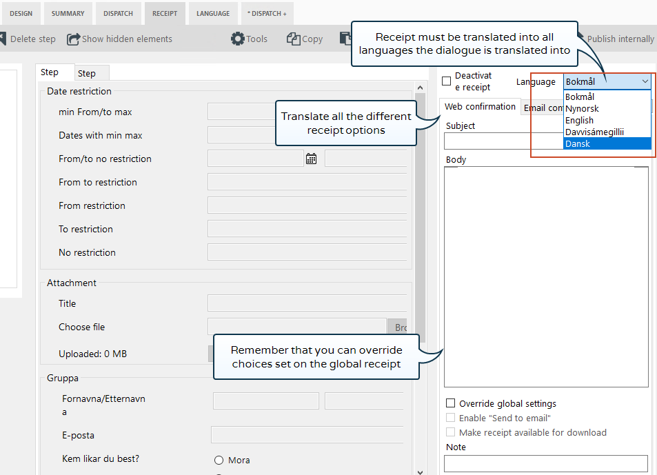 Translate all receipt types that are connected to the dialogue