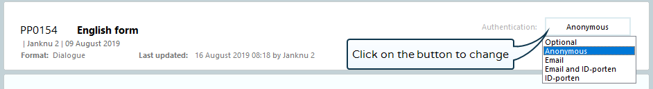 Change authentication option from the dialogue overview
