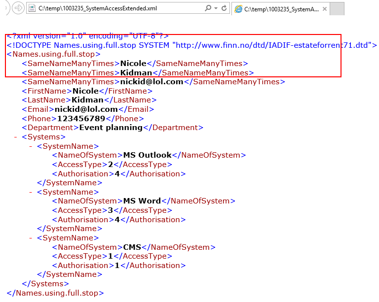 Delivered XML file from the example